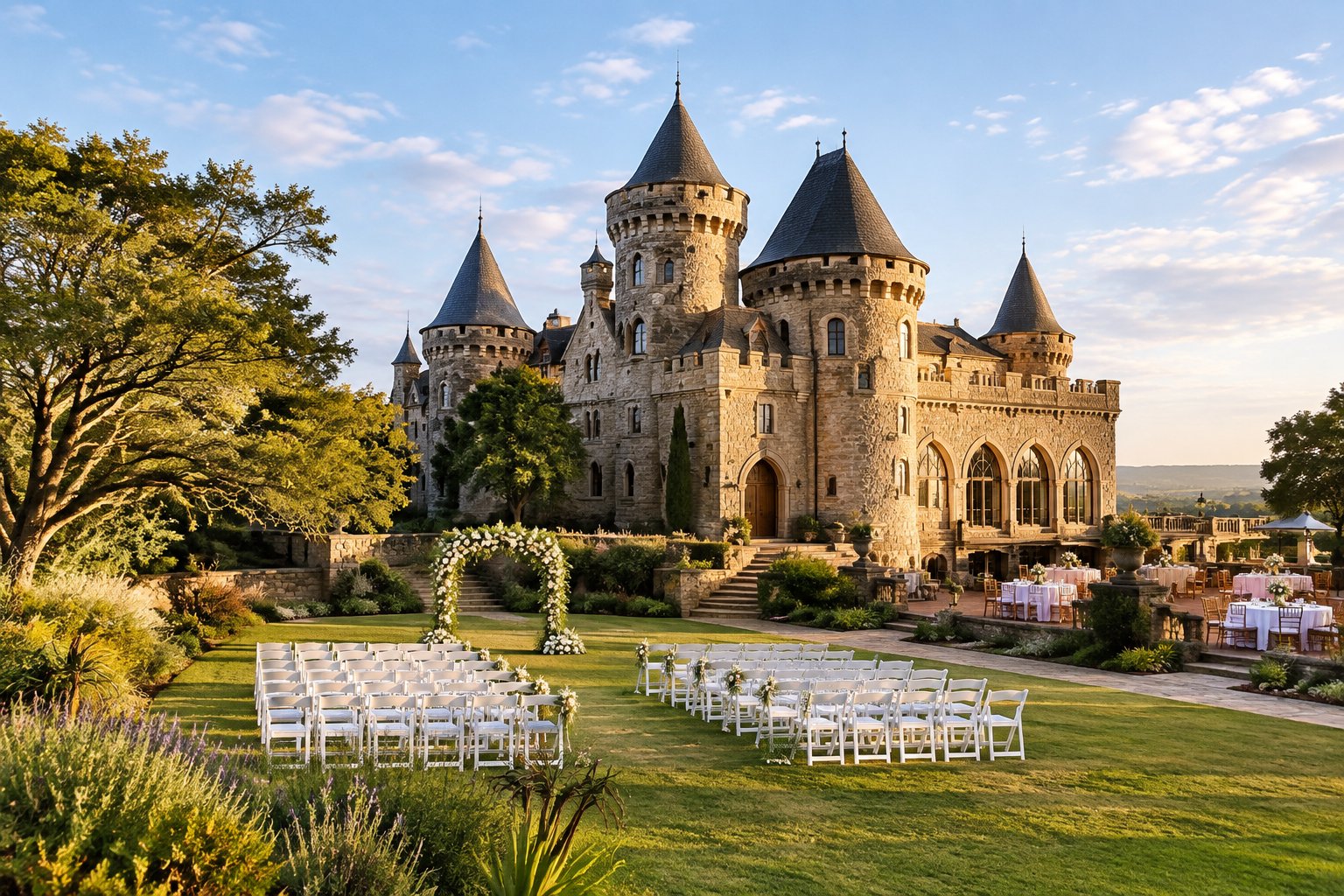 A stone castle wedding venue surrounded by landscaped gardens, with white ceremony chairs and floral decorations on the lawn.
