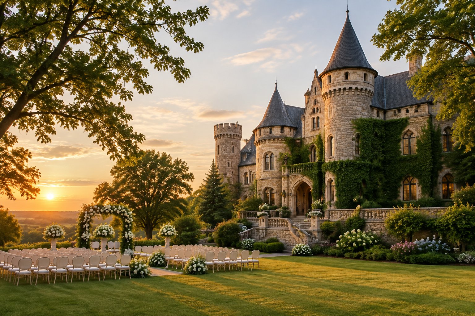 A historic stone castle wedding venue surrounded by gardens, trees, and rows of white ceremony chairs.