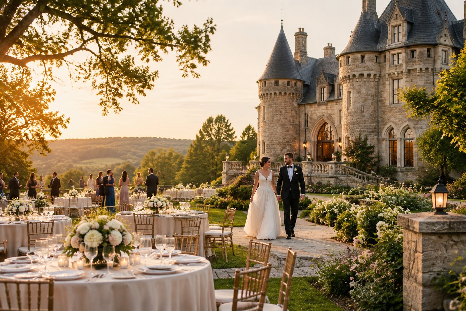 A bride and groom walk through the gardens of a castle beside an elegant outdoor wedding reception.