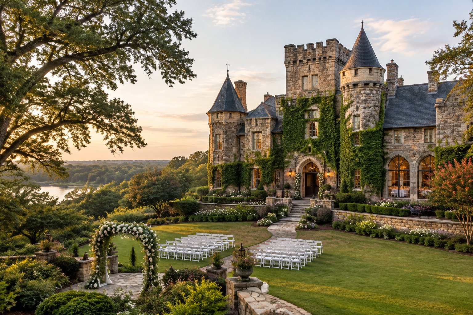A historic castle wedding venue surrounded by gardens, oak trees, and a stone walkway.