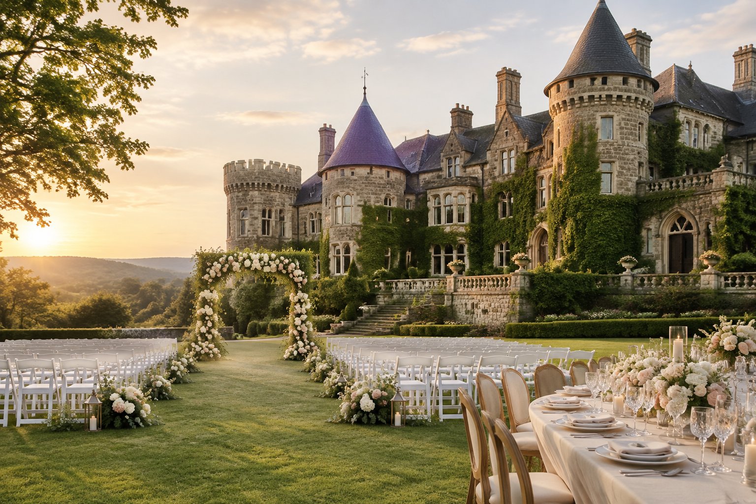 Elegant wedding ceremony and reception setup on the grounds of a historic stone castle.