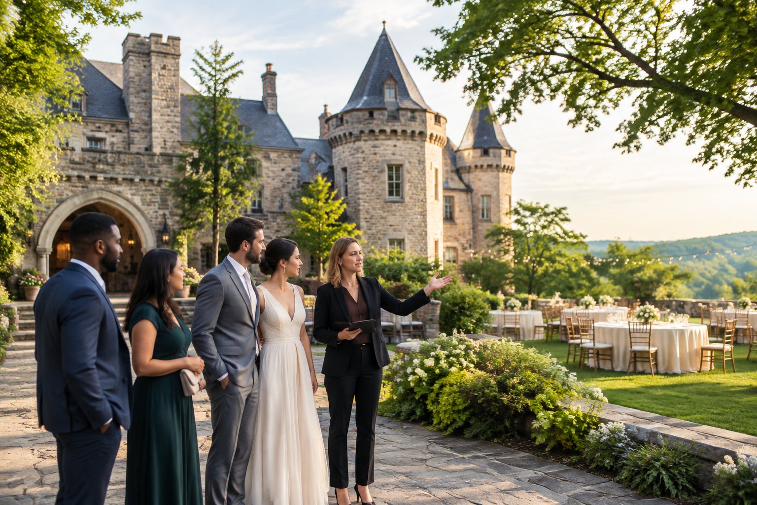 A wedding couple and guests tour the grounds of an elegant castle venue with landscaped gardens and outdoor seating.