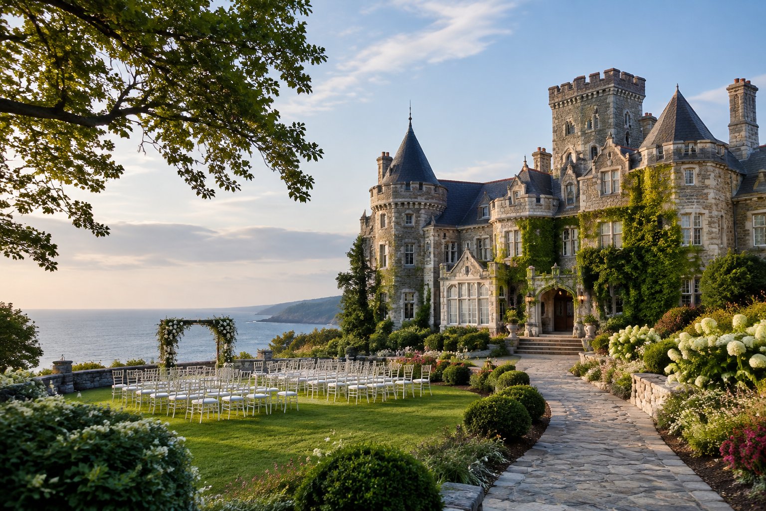 A historic stone castle wedding venue surrounded by gardens, trees, and outdoor ceremony chairs.