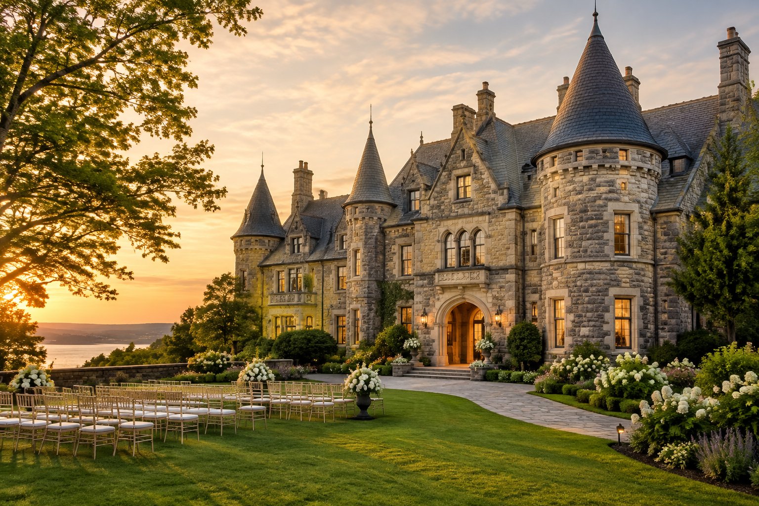 A grand stone castle wedding venue surrounded by lawns, gardens, and trees.