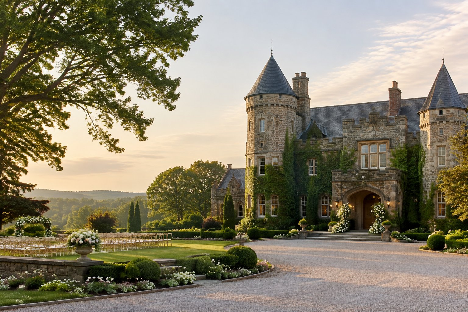 A grand stone castle-inspired estate surrounded by gardens and trees, with outdoor wedding chairs near the entrance.