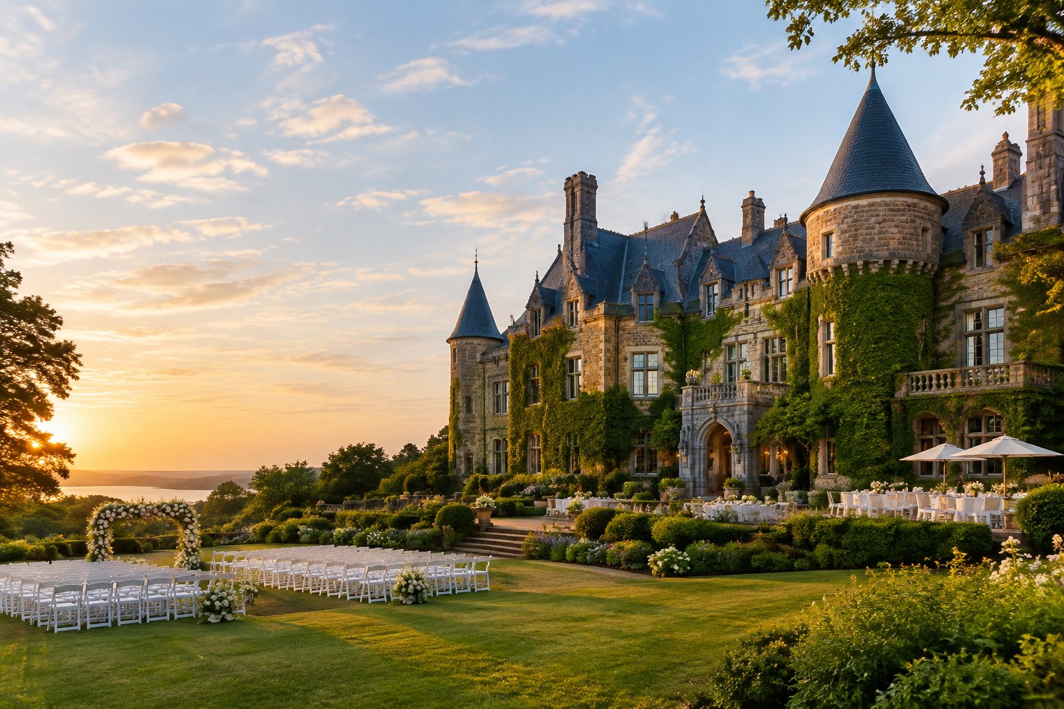 A grand stone castle wedding venue surrounded by gardens, lawns, and a decorated outdoor ceremony area.