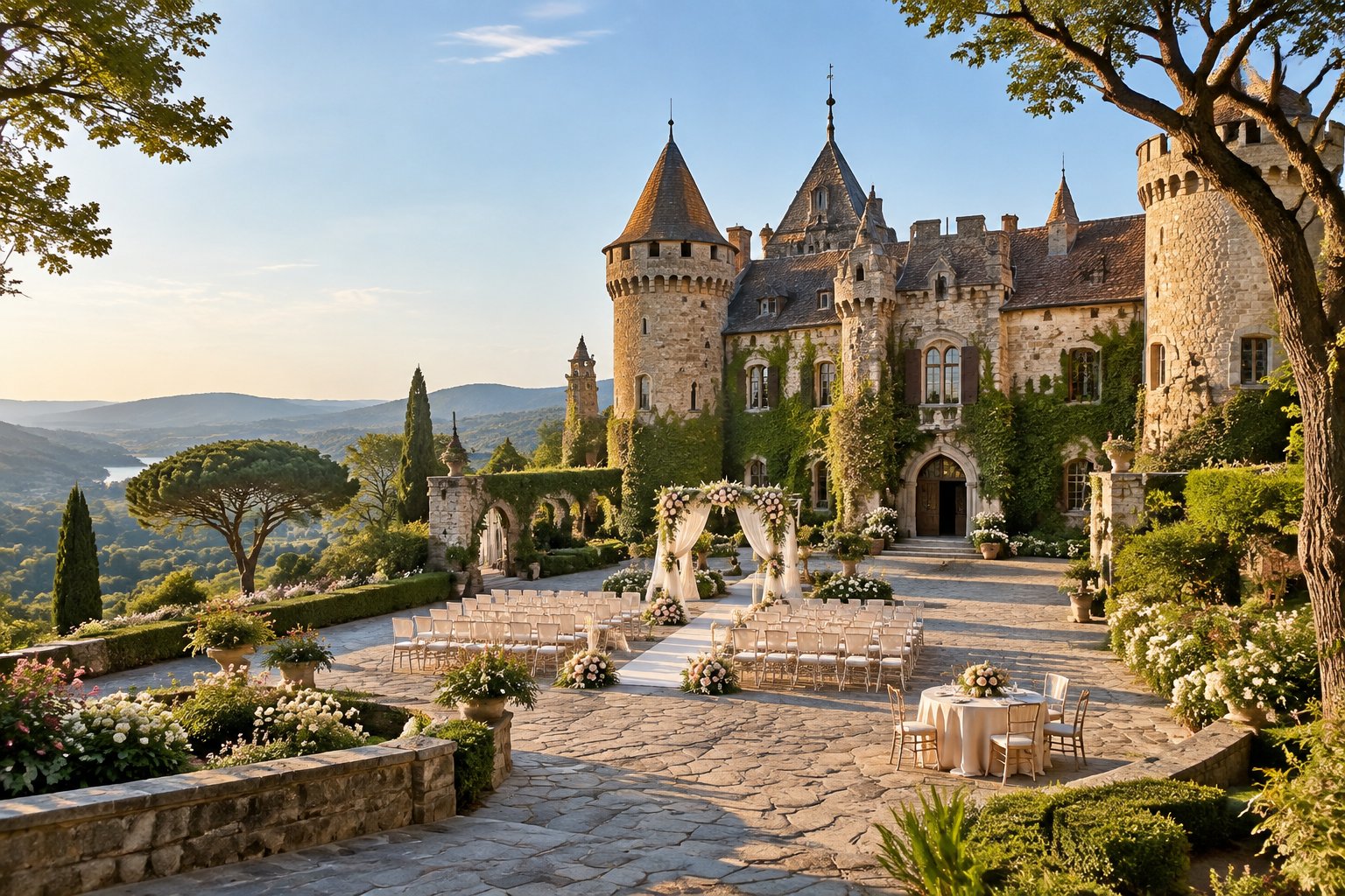 A grand stone castle surrounded by gardens with elegant wedding decorations in the foreground.