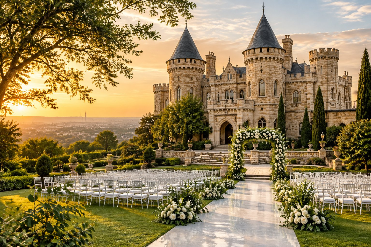 A grand castle wedding venue surrounded by landscaped gardens, with white ceremony chairs and a floral arch in the foreground.