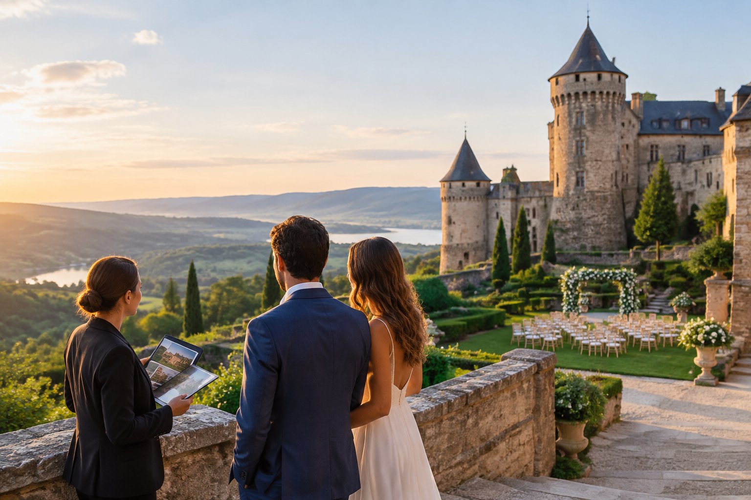 A couple and wedding planner explore the grounds of a historic castle wedding venue overlooking rolling hills.