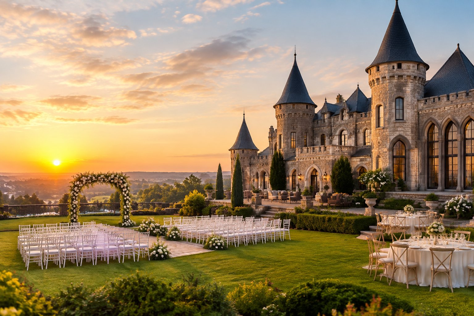 A castle-style wedding venue with turrets, gardens, and an outdoor ceremony setup.