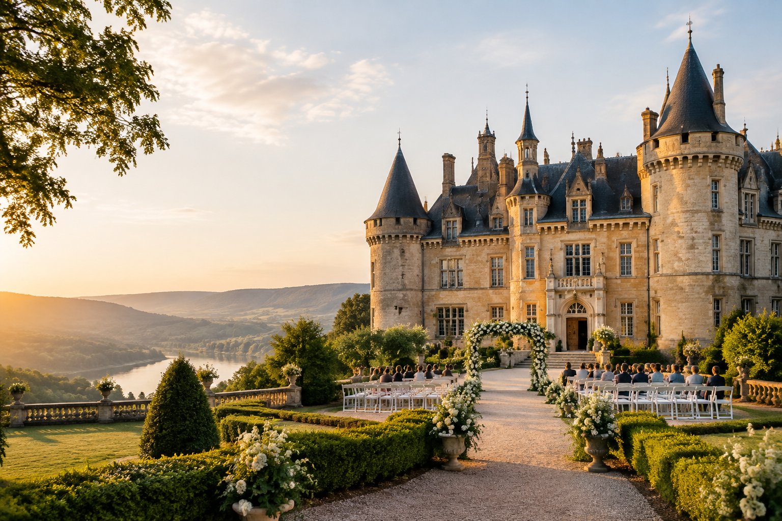 A historic European castle overlooks a manicured garden prepared for an outdoor wedding ceremony.