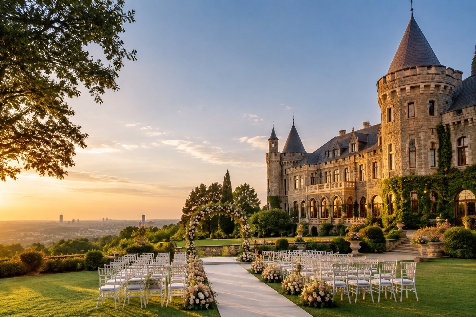A grand castle-style wedding venue with a decorated outdoor ceremony area and manicured gardens.