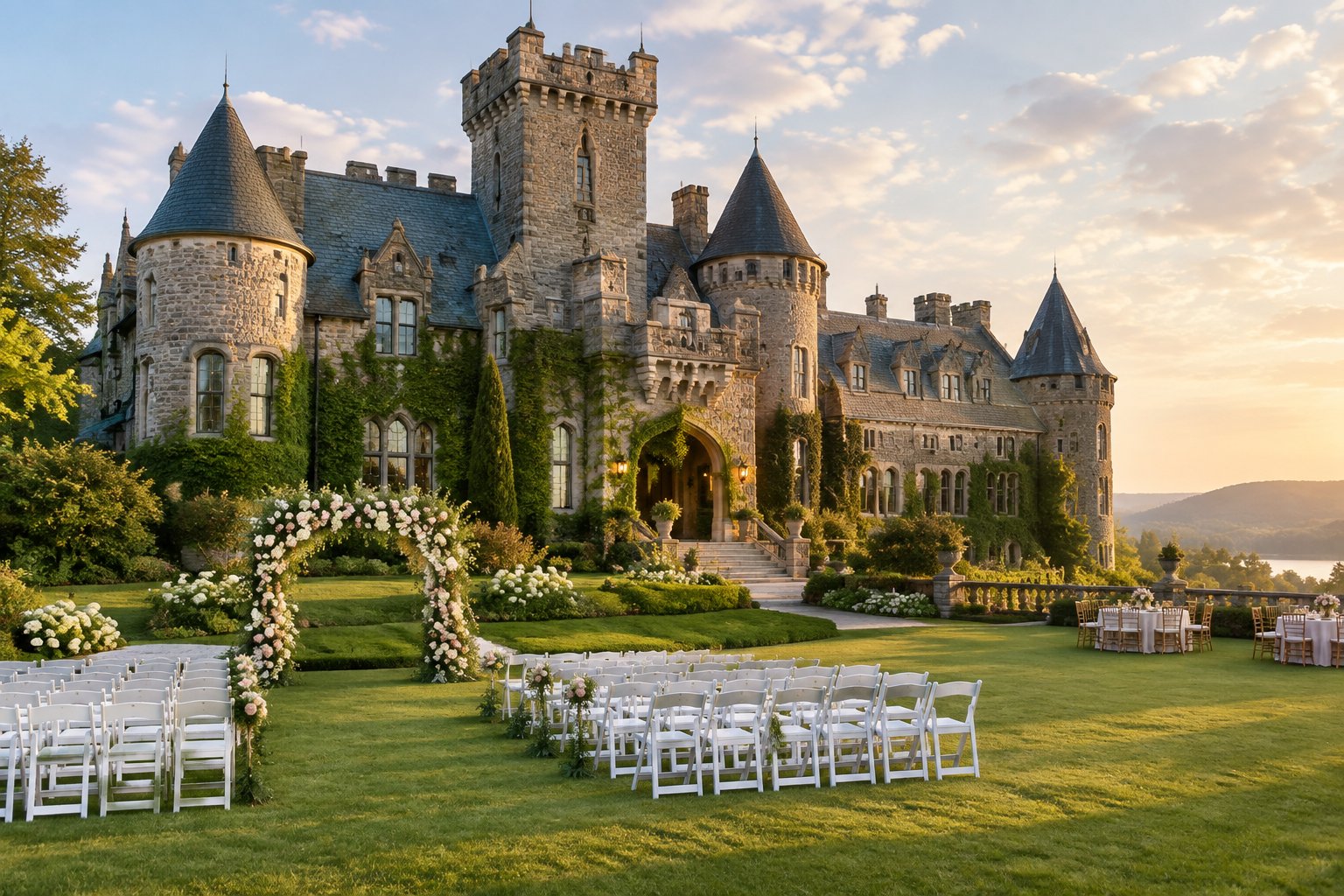 A grand stone castle wedding venue with towers, gardens, and an outdoor ceremony setup.