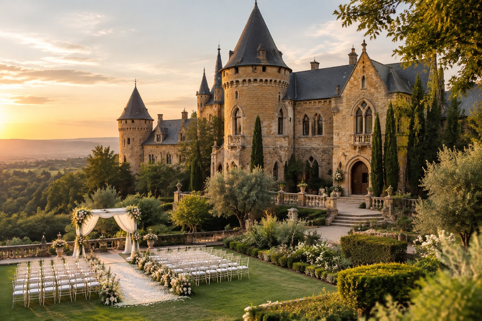 A castle-inspired wedding venue with turrets and gardens, featuring an outdoor ceremony setup.