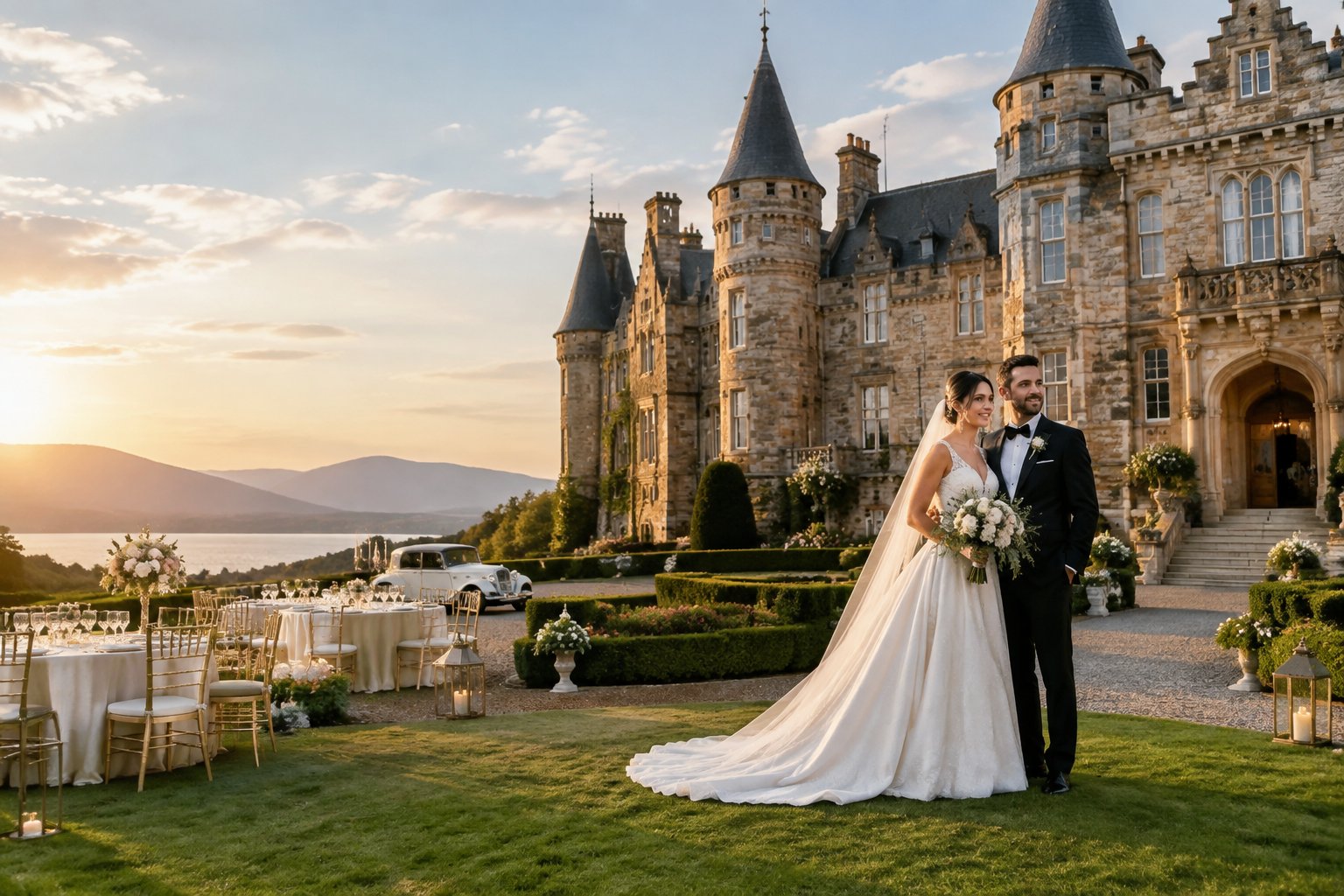 A newlywed couple stands in the landscaped grounds of a grand historic castle prepared for an elegant wedding.