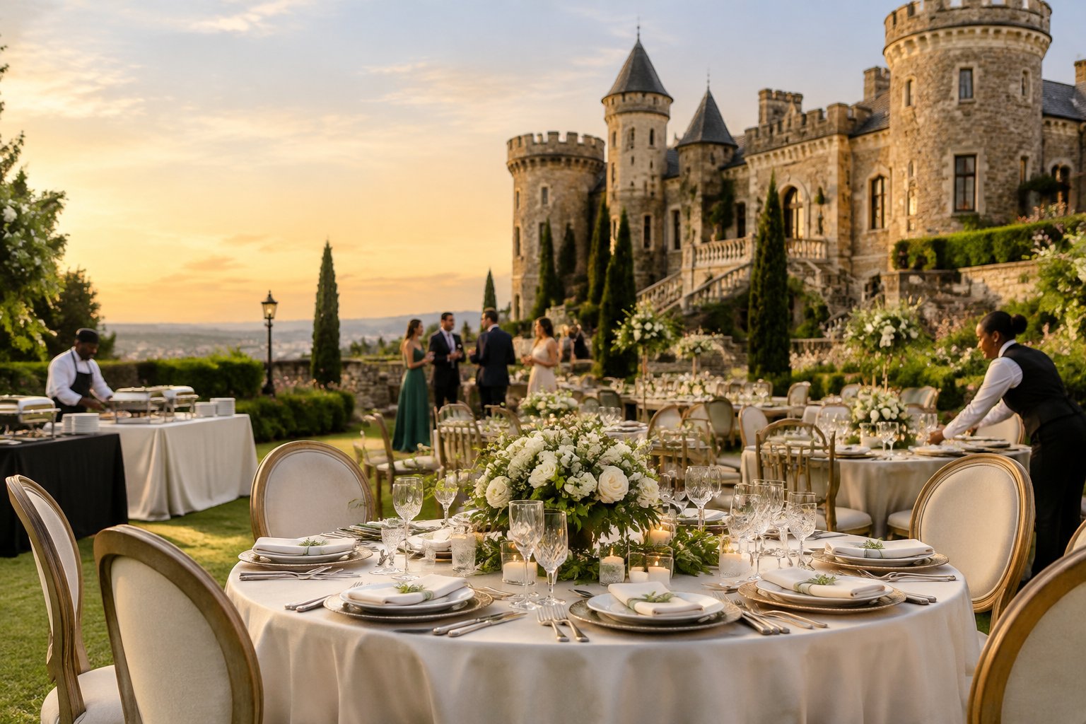 Elegant wedding reception table set in the gardens of a grand castle-style venue.