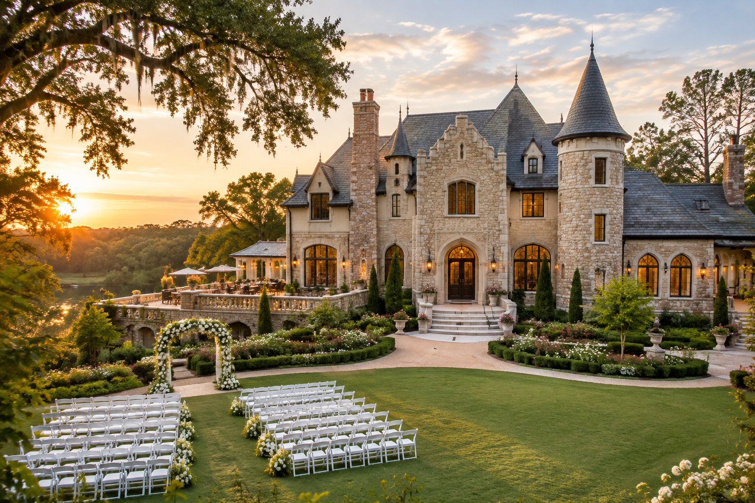 A castle-style wedding venue surrounded by landscaped gardens and an outdoor ceremony area.