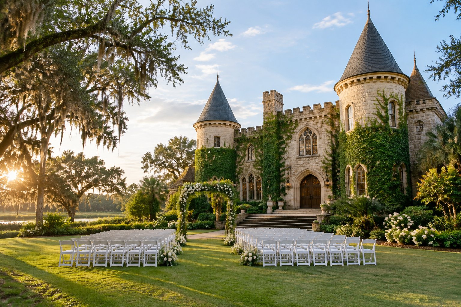 A castle-inspired wedding venue surrounded by gardens with an outdoor ceremony setup.
