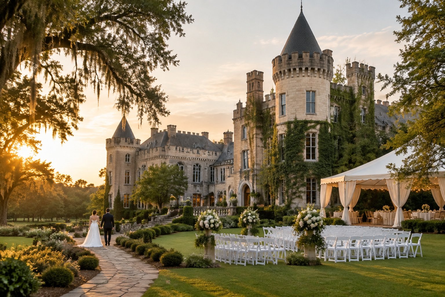 A couple walks toward a grand historic castle wedding venue surrounded by manicured gardens.
