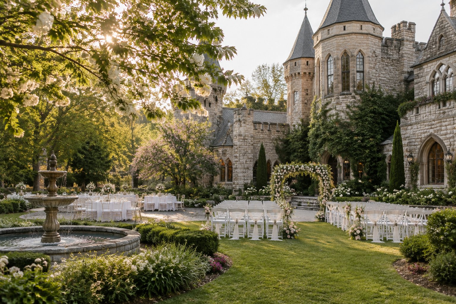 A lush castle courtyard arranged for an outdoor wedding ceremony, surrounded by flowers, trees, and ivy.