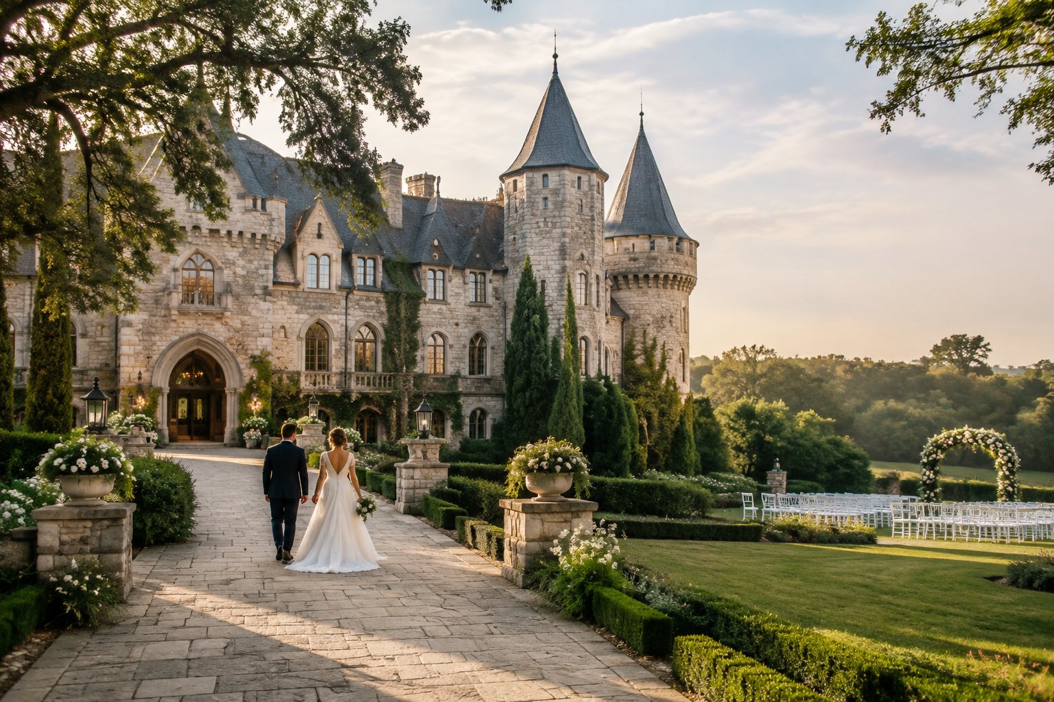 A couple walks toward a grand castle wedding venue surrounded by gardens and countryside.
