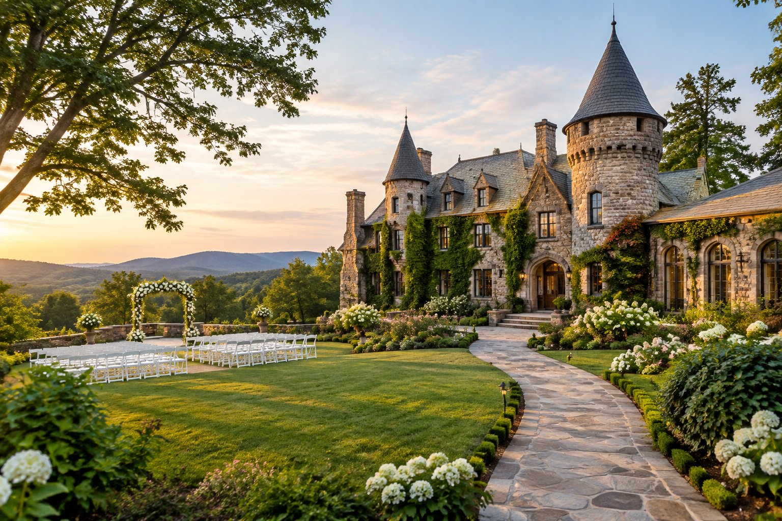 A grand stone castle-style wedding venue surrounded by gardens and trees.
