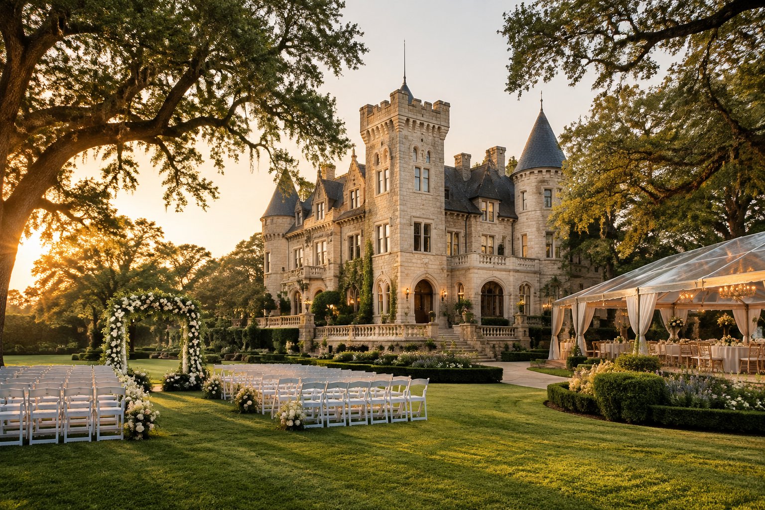 A grand castle-style wedding venue surrounded by gardens with chairs arranged for an outdoor ceremony.
