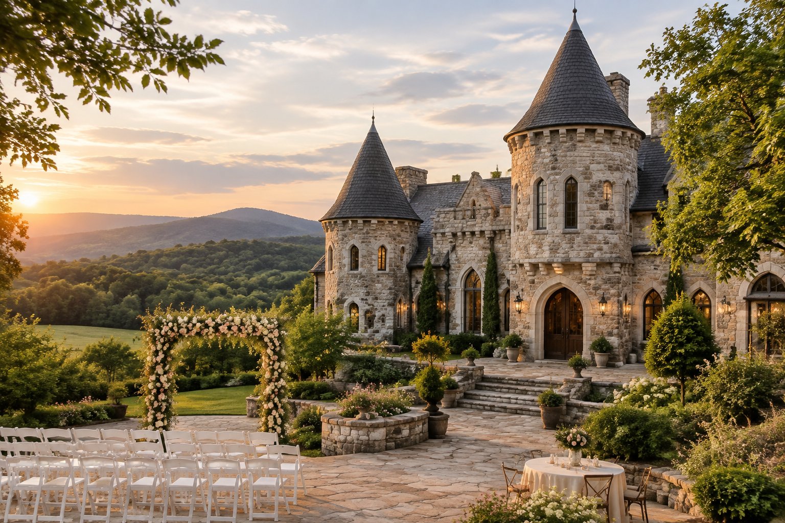A stone castle-style wedding venue surrounded by gardens and rolling green hills.