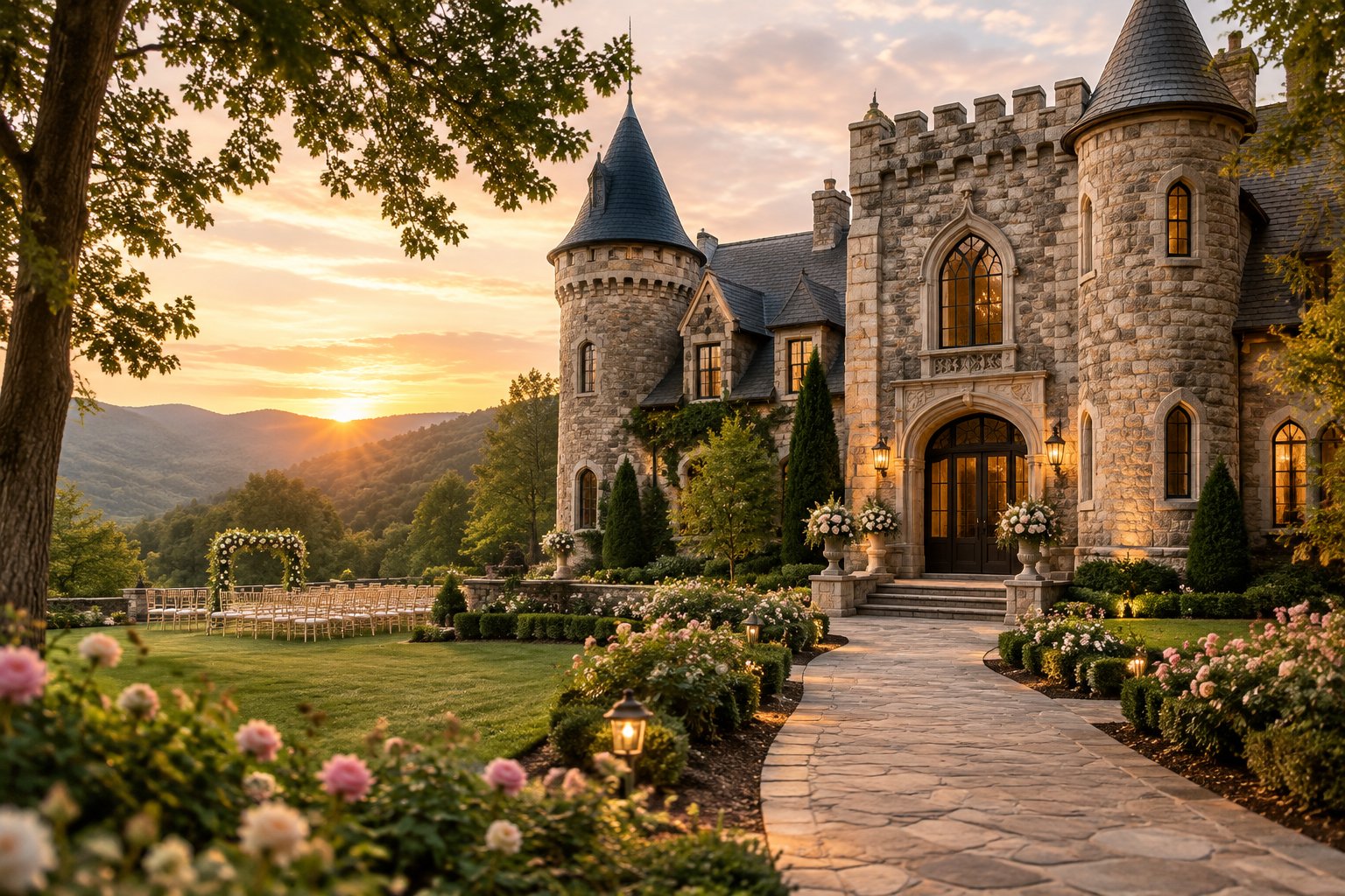 A romantic stone castle-style wedding venue surrounded by gardens and trees at golden hour.
