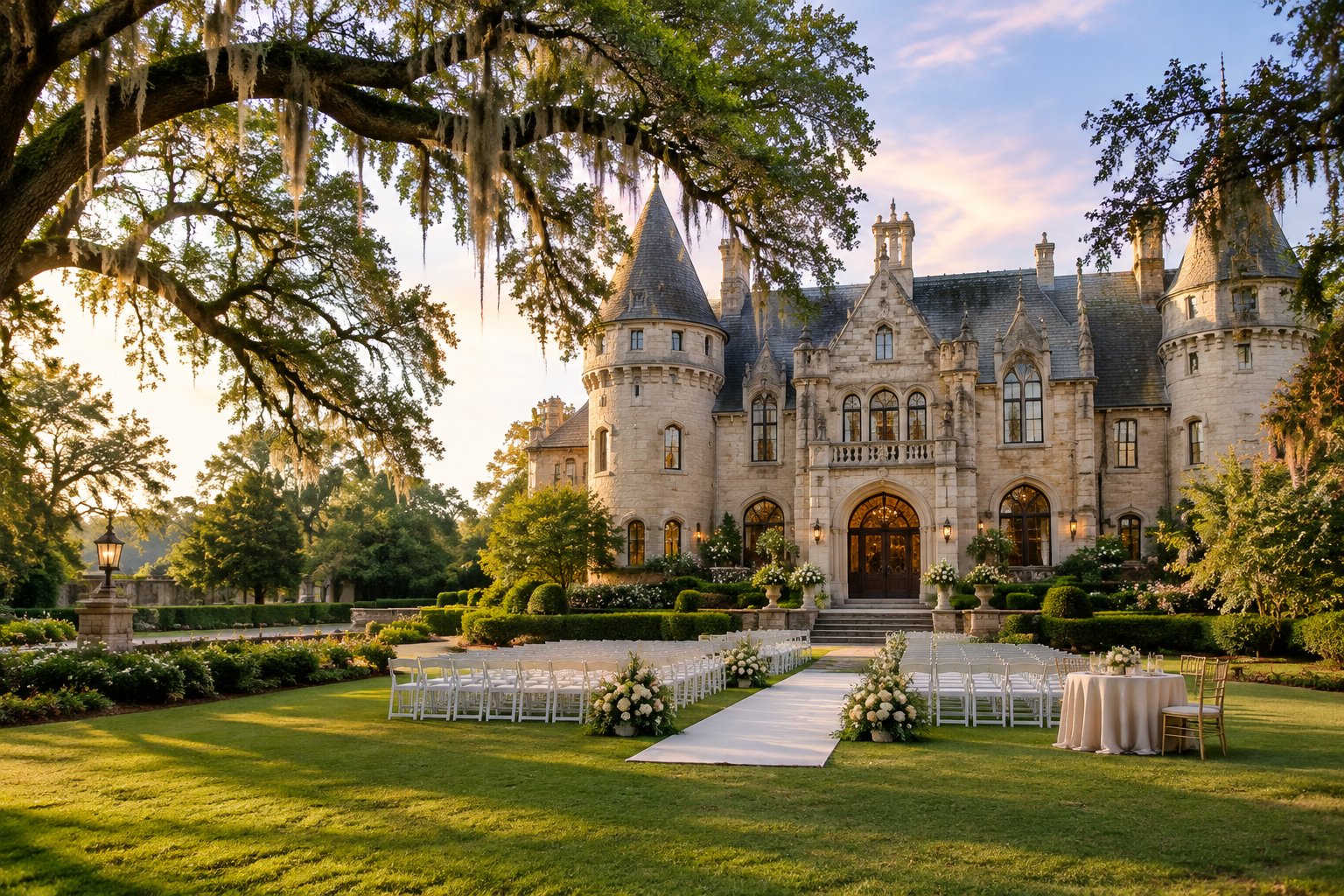 A grand castle-inspired wedding venue surrounded by lush Southern landscaping, with a formal lawn and elegant ceremony setup.