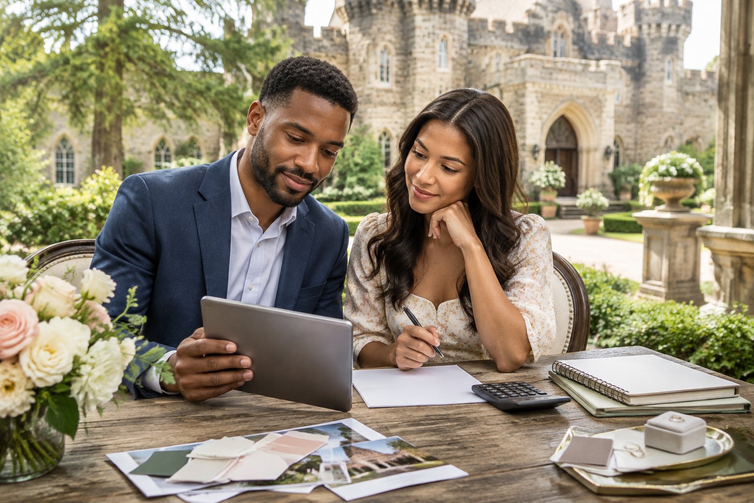 An engaged couple reviews wedding budget materials at an elegant castle-style venue.