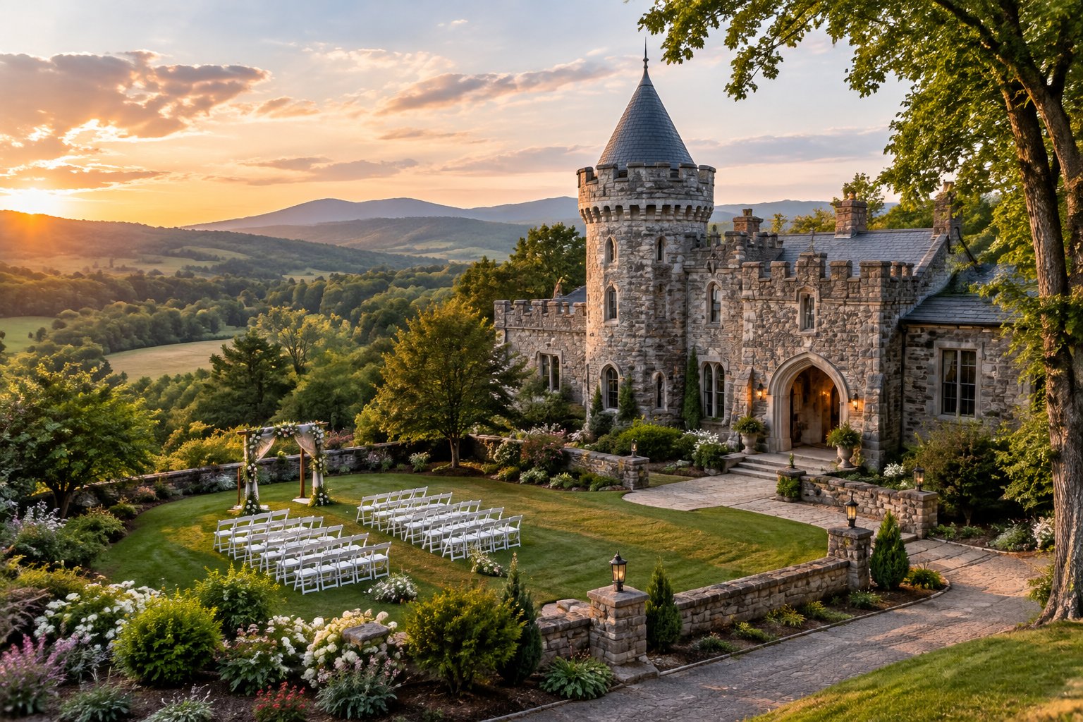 A stone castle-style wedding venue with a garden ceremony setup in a green countryside landscape.