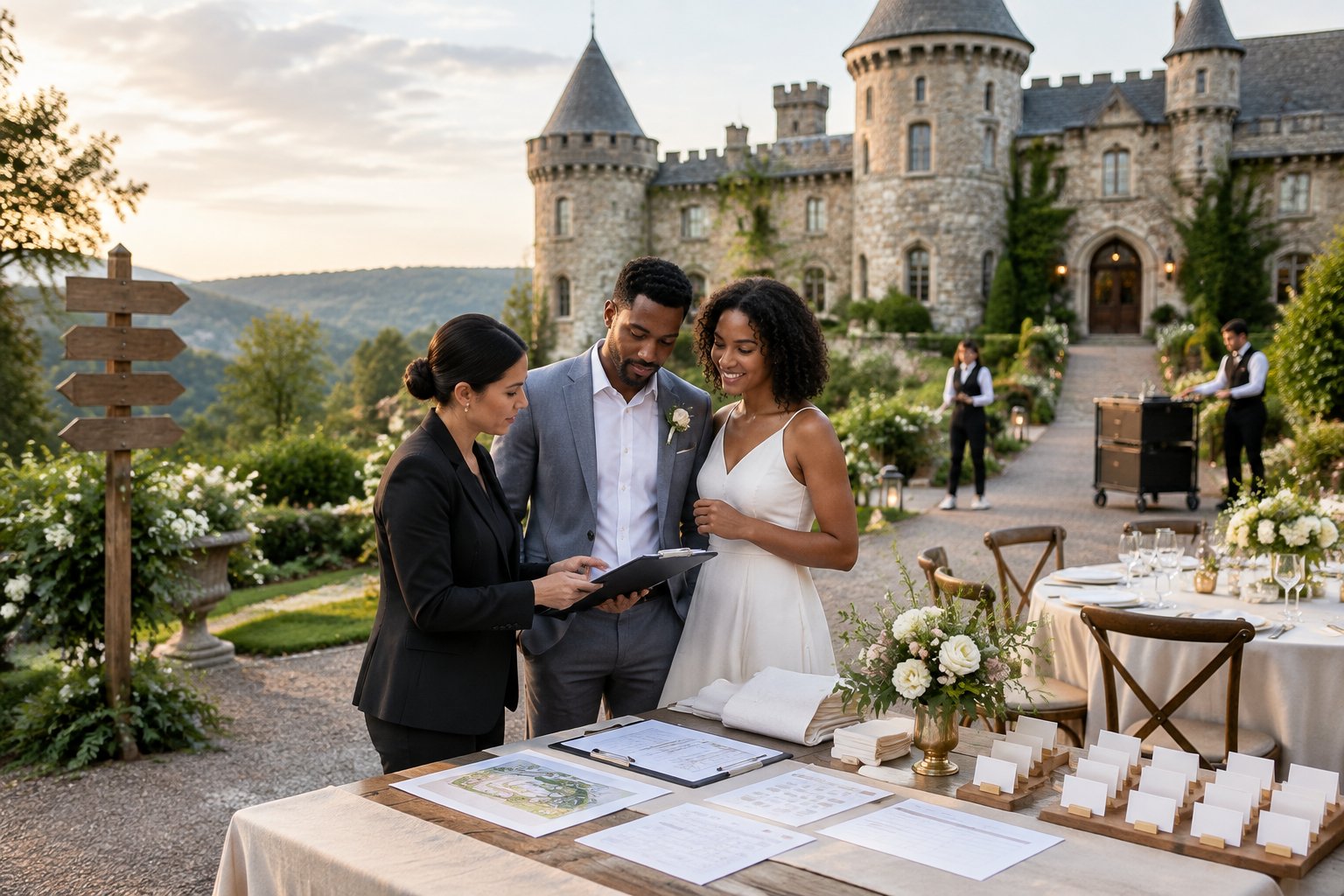 A couple and wedding coordinator review event plans outside a historic castle-style wedding venue while staff prepare the garden reception area.