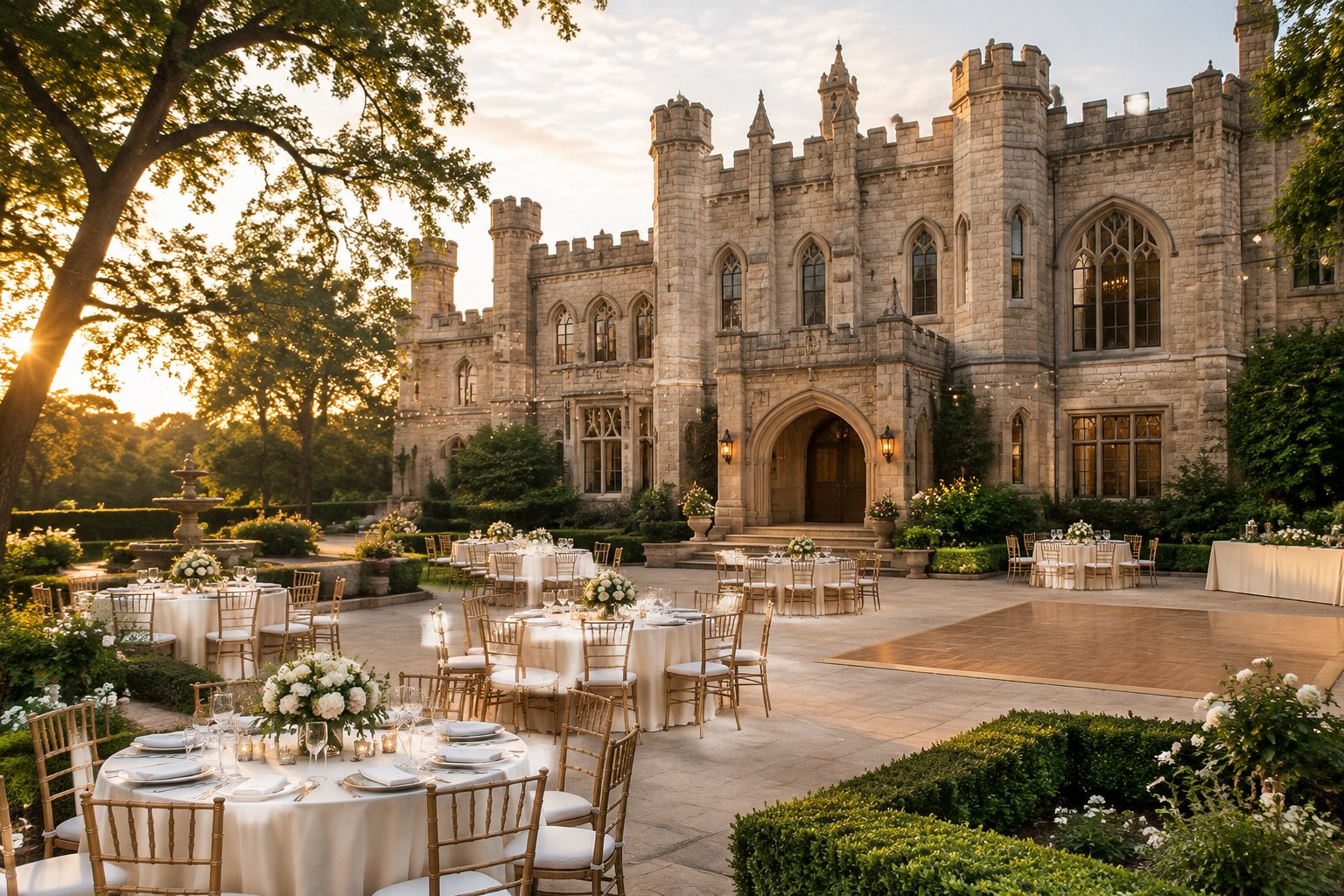 A grand castle-style wedding venue with manicured gardens and an elegant outdoor reception setup.