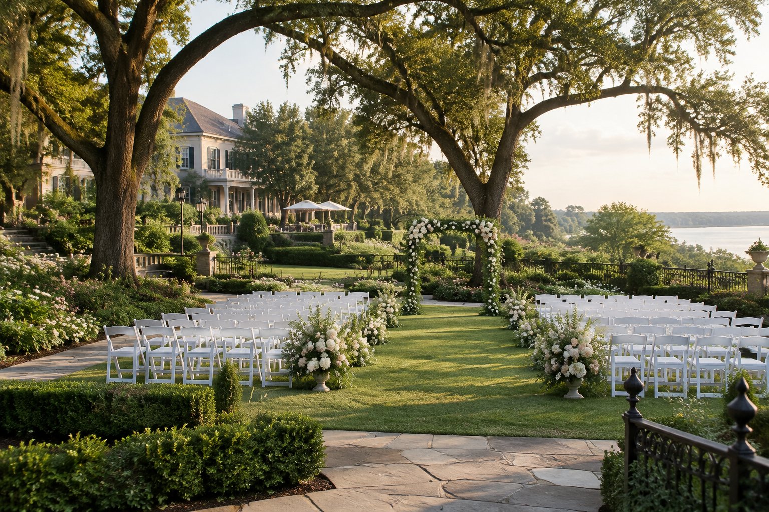 A historic estate surrounded by formal gardens with a tasteful outdoor wedding ceremony setup.