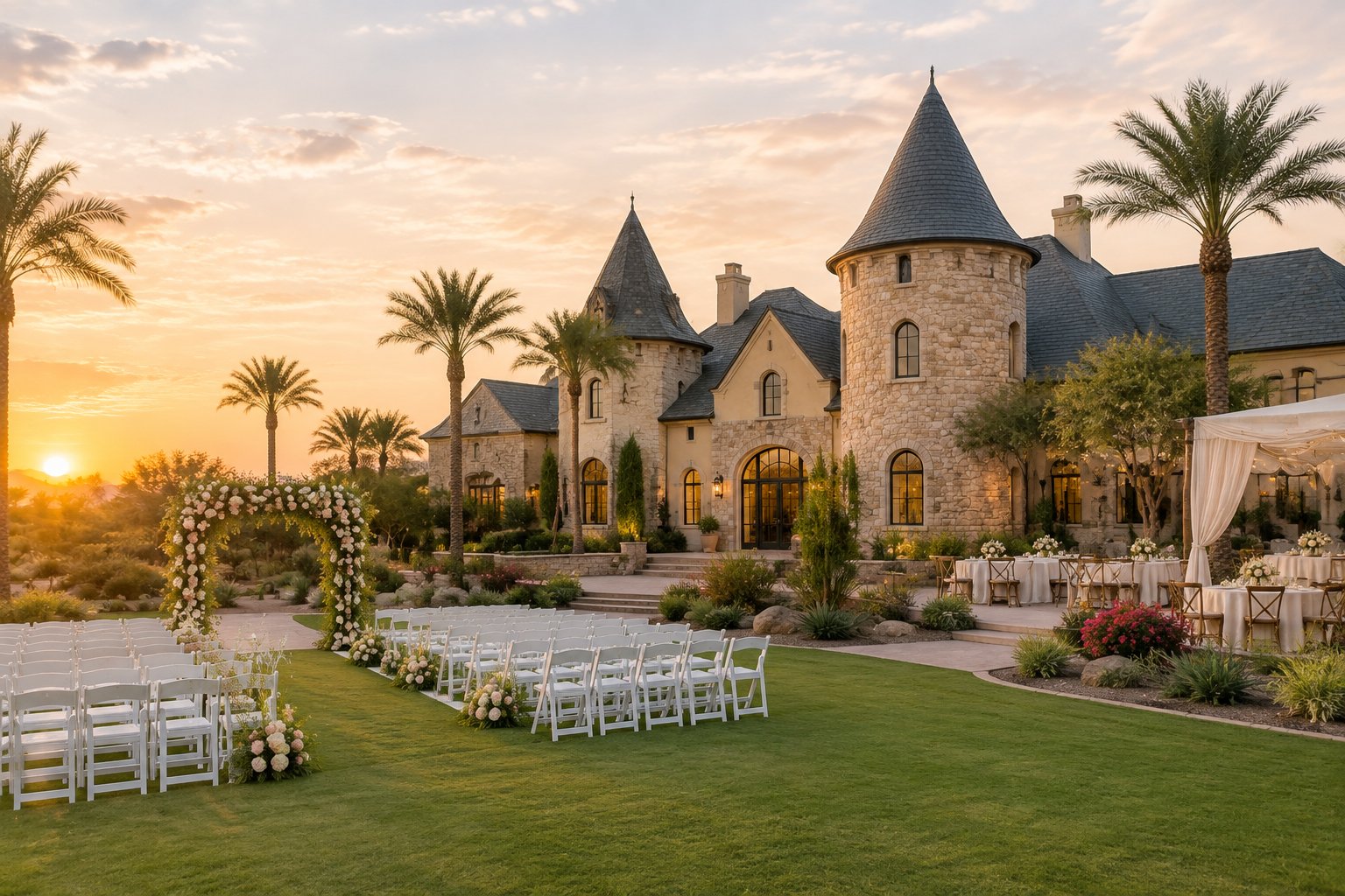 A castle-style wedding venue with landscaped grounds, floral ceremony decorations, and outdoor seating.