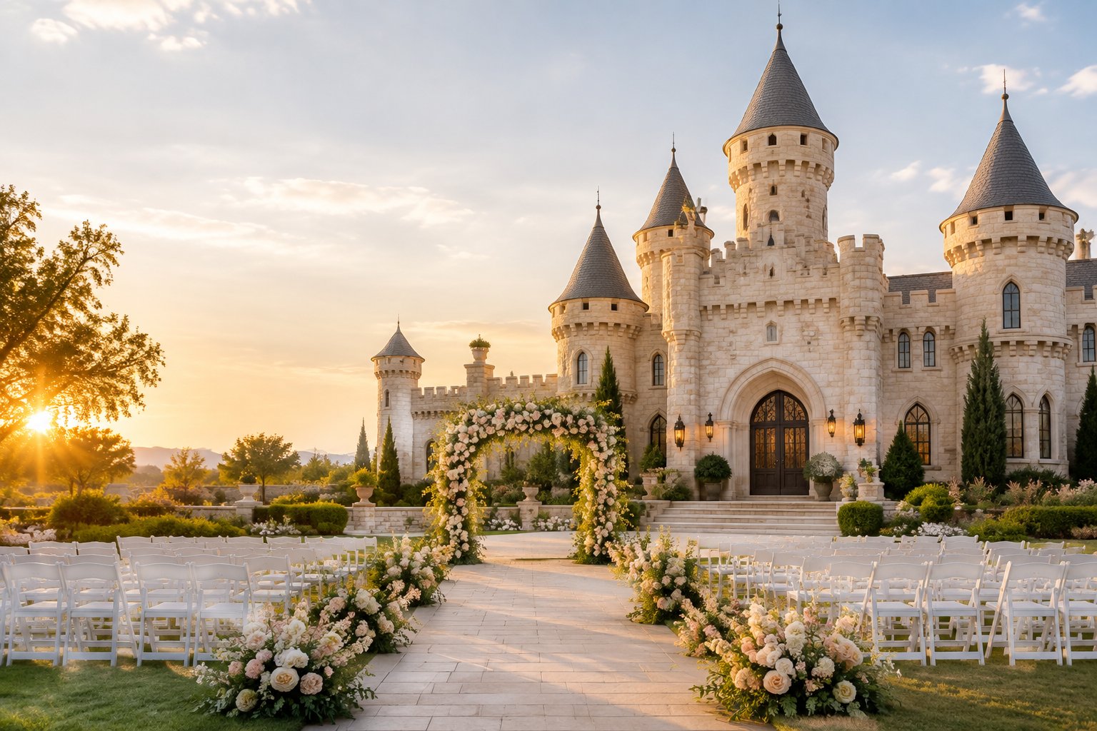 A fairytale-style castle wedding venue with landscaped grounds and an outdoor ceremony setup.