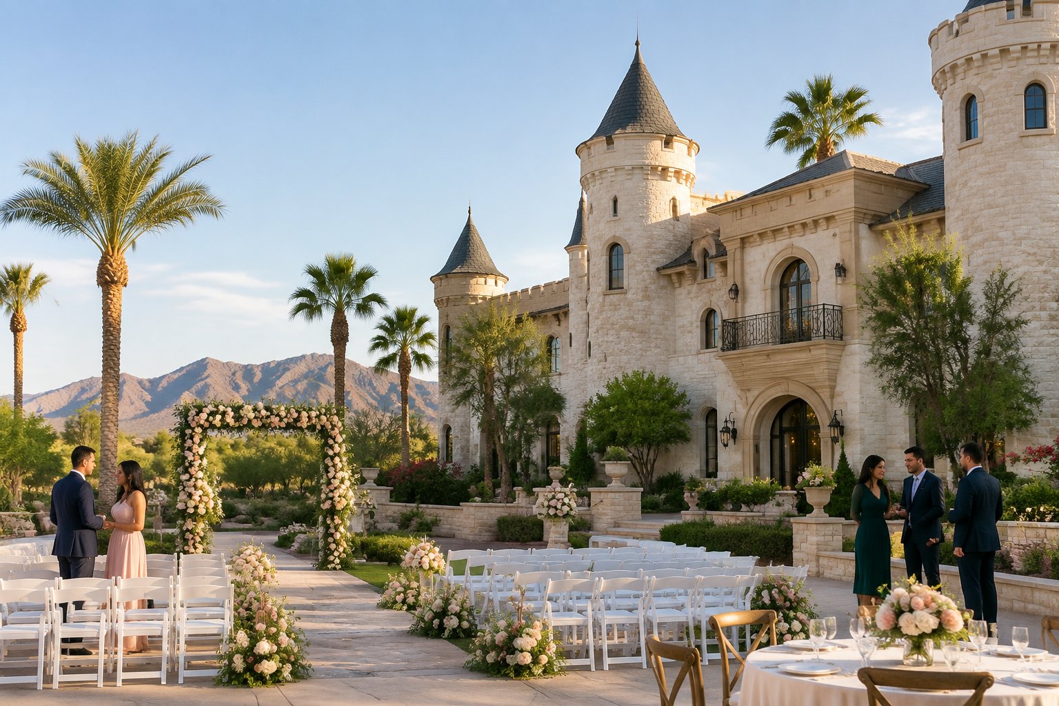 An elegant castle-inspired wedding venue with landscaped grounds, floral decorations, and guests gathered outdoors.
