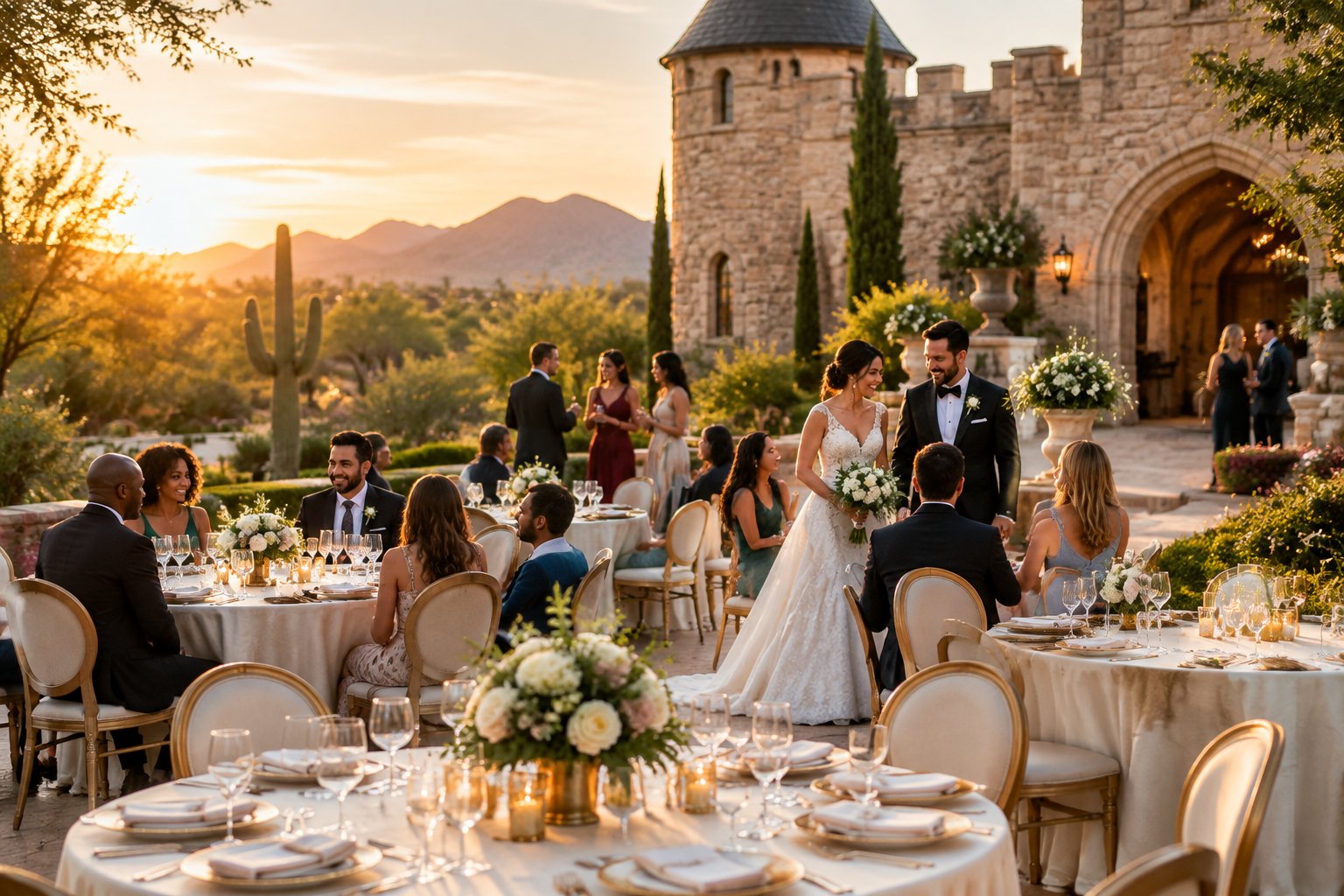 An elegant wedding reception in a castle-inspired garden venue with stone architecture, decorated tables, and a bride and groom.