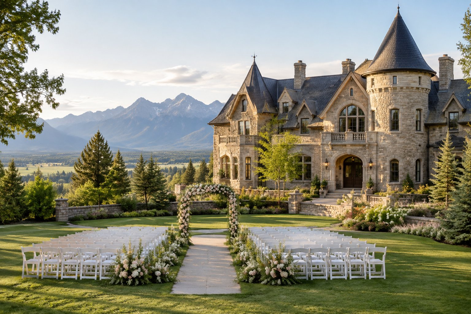 A castle-style wedding venue with a floral ceremony arch, white chairs, landscaped grounds, and Montana mountains in the background.