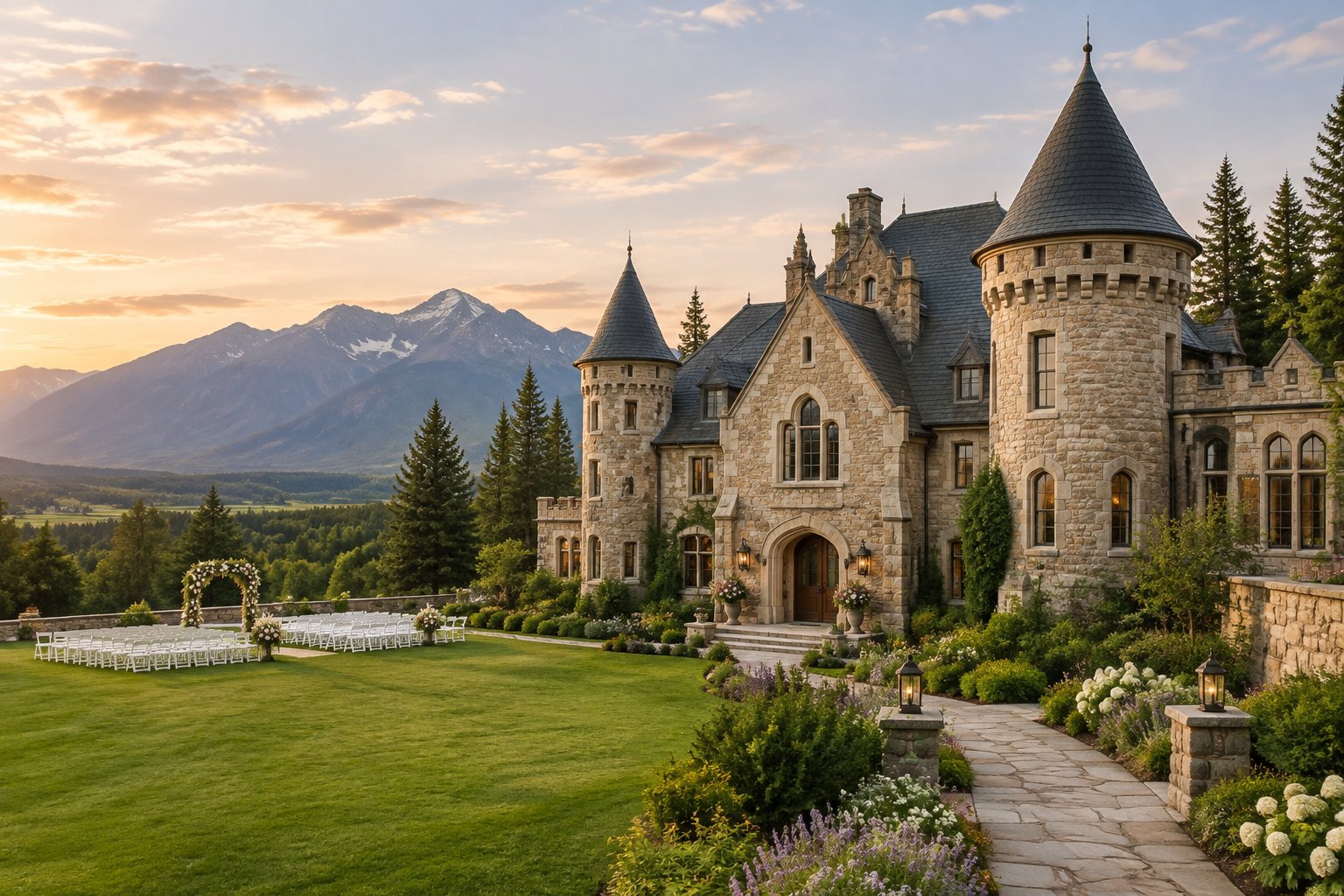 A castle-inspired wedding venue surrounded by gardens, evergreen trees, and Montana mountains.