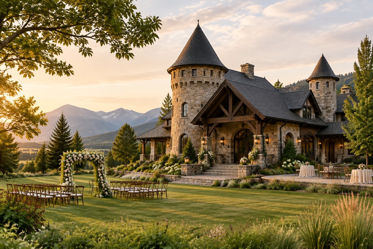 A historic castle-inspired wedding venue surrounded by lawns, trees, and Montana mountain scenery.