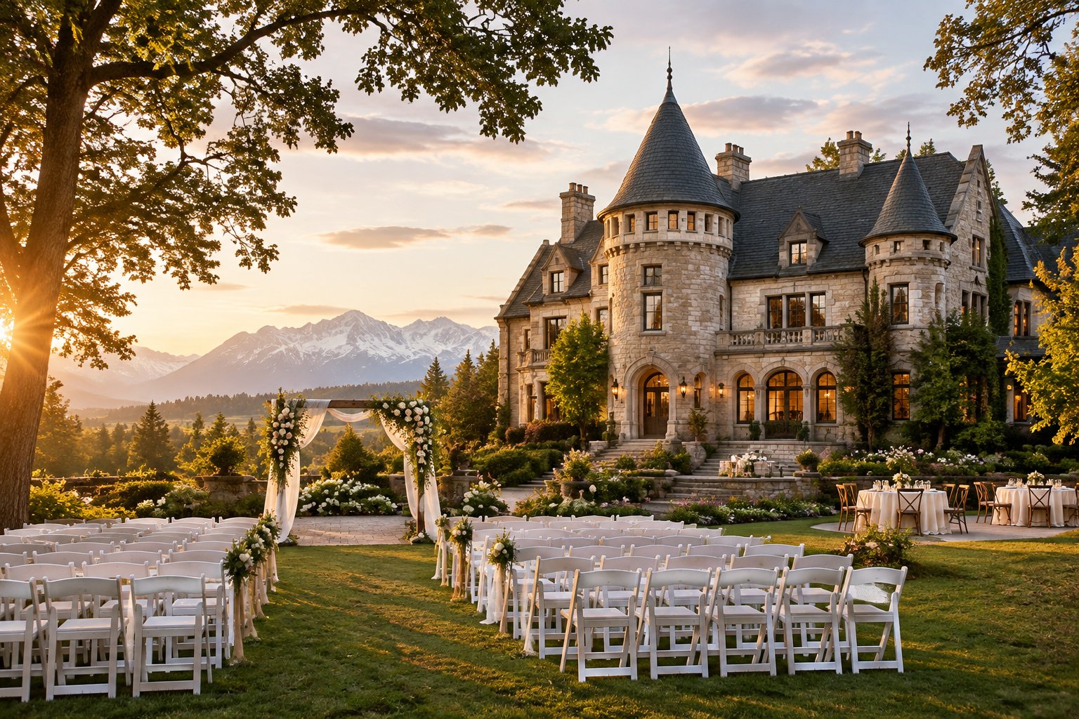 A historic castle-style wedding venue with elegant outdoor decorations, landscaped grounds, and Montana mountains in the background.