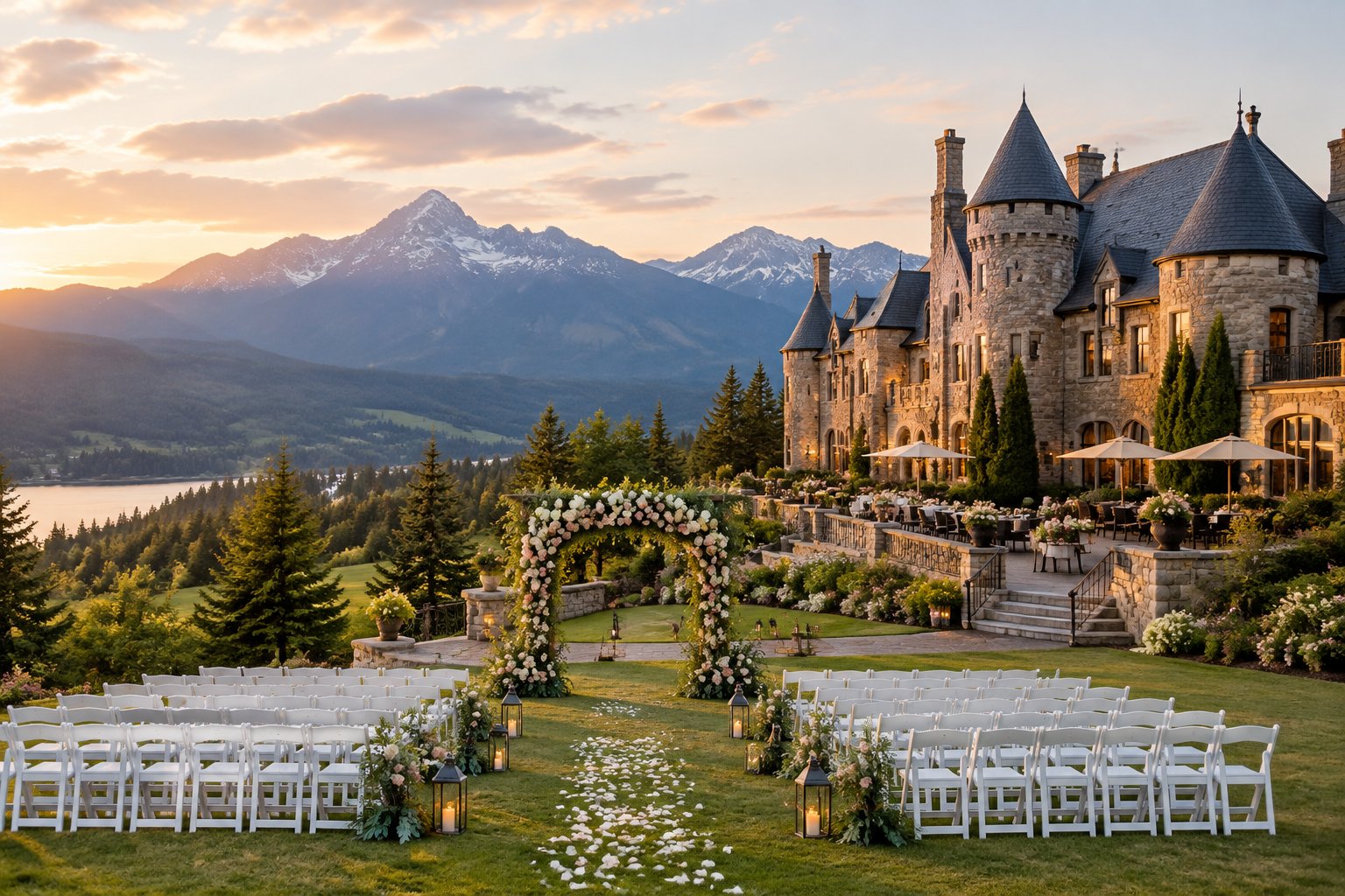 A castle-inspired wedding venue with an outdoor ceremony setup, gardens, and Montana mountains in the background.