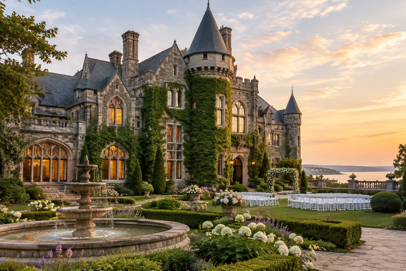 A grand stone castle-style wedding venue surrounded by manicured gardens and flowering plants.