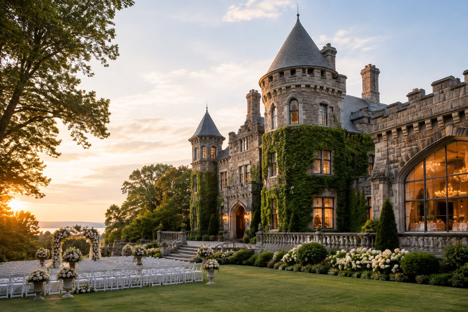 A historic stone castle-like estate with turrets and landscaped grounds prepared for a wedding ceremony.