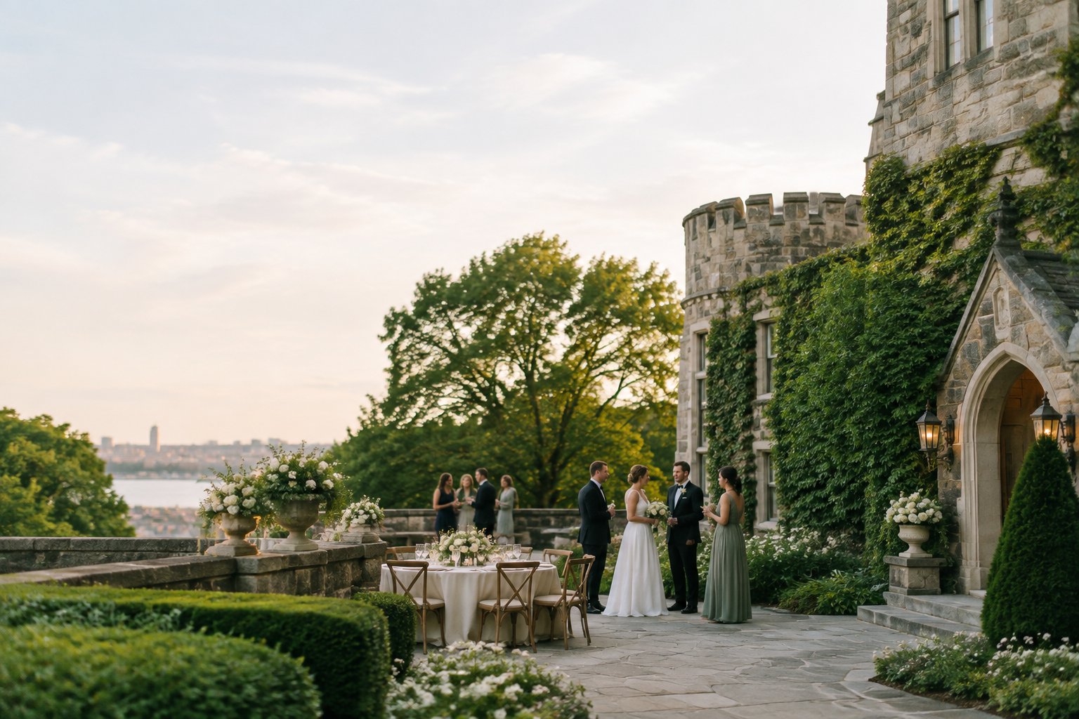 An intimate wedding celebration in the courtyard of a historic stone castle near Boston.