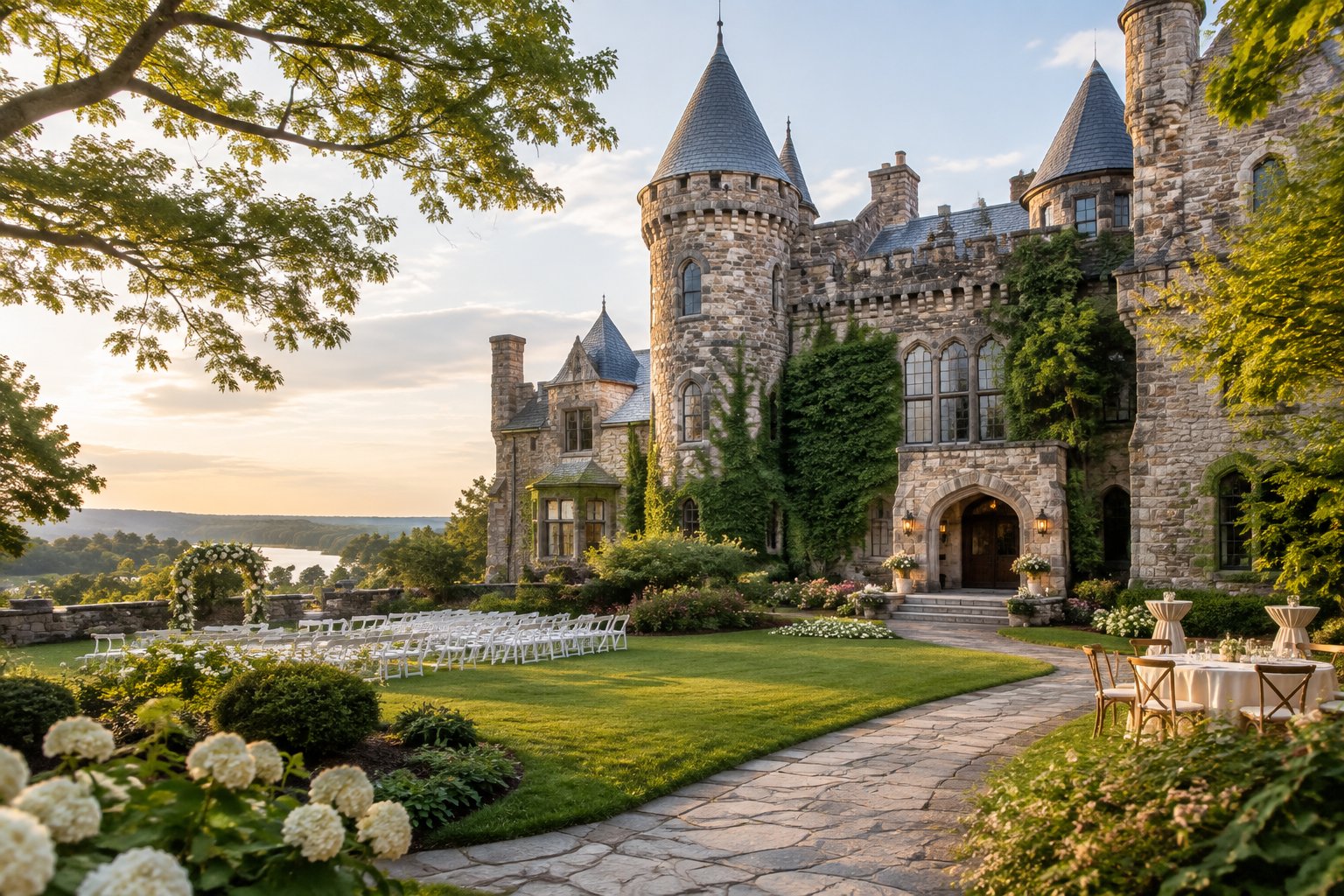 Historic stone castle wedding venue surrounded by gardens and trees in the New England countryside.