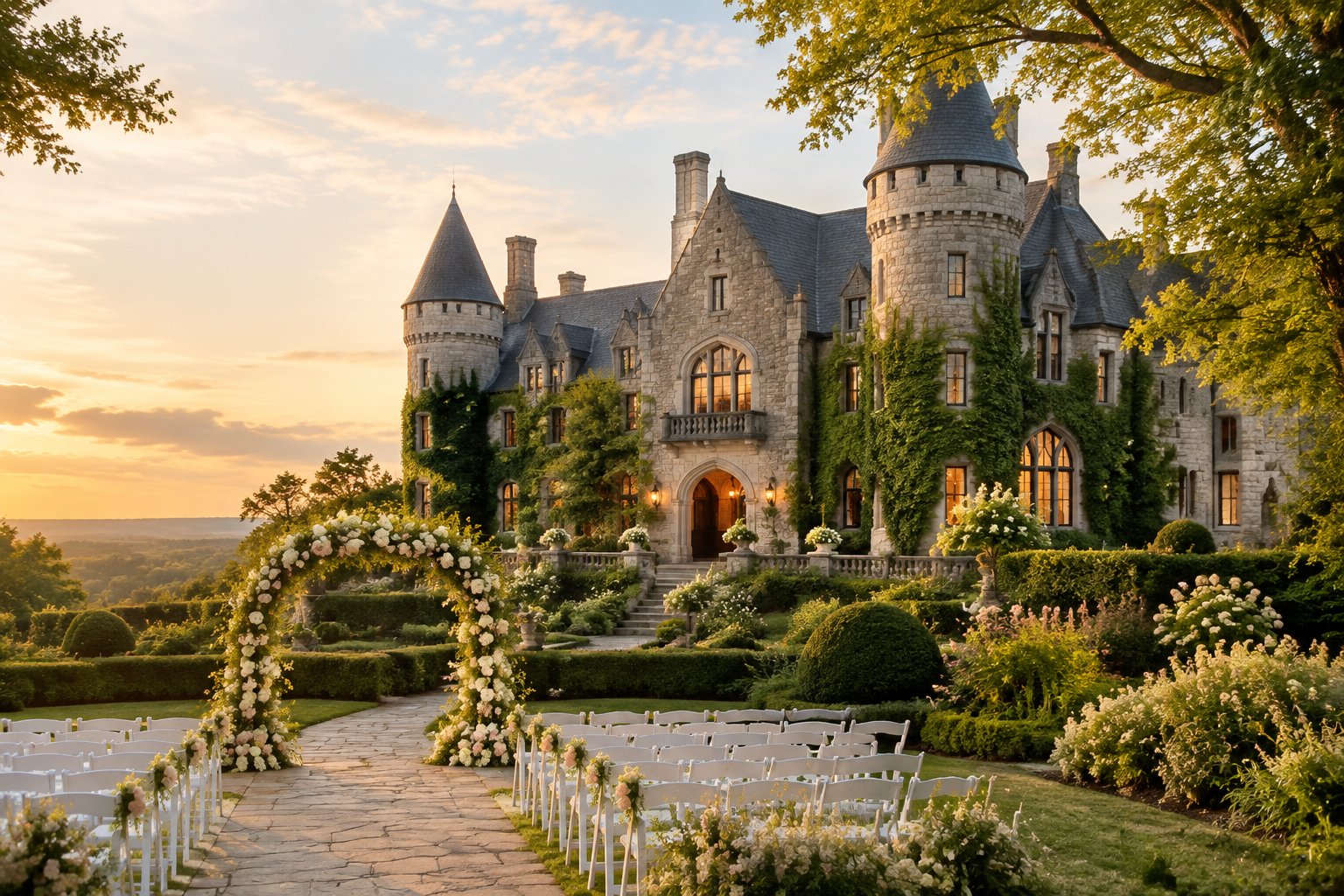 A grand stone castle estate with turrets, gardens, and an outdoor wedding ceremony setup.