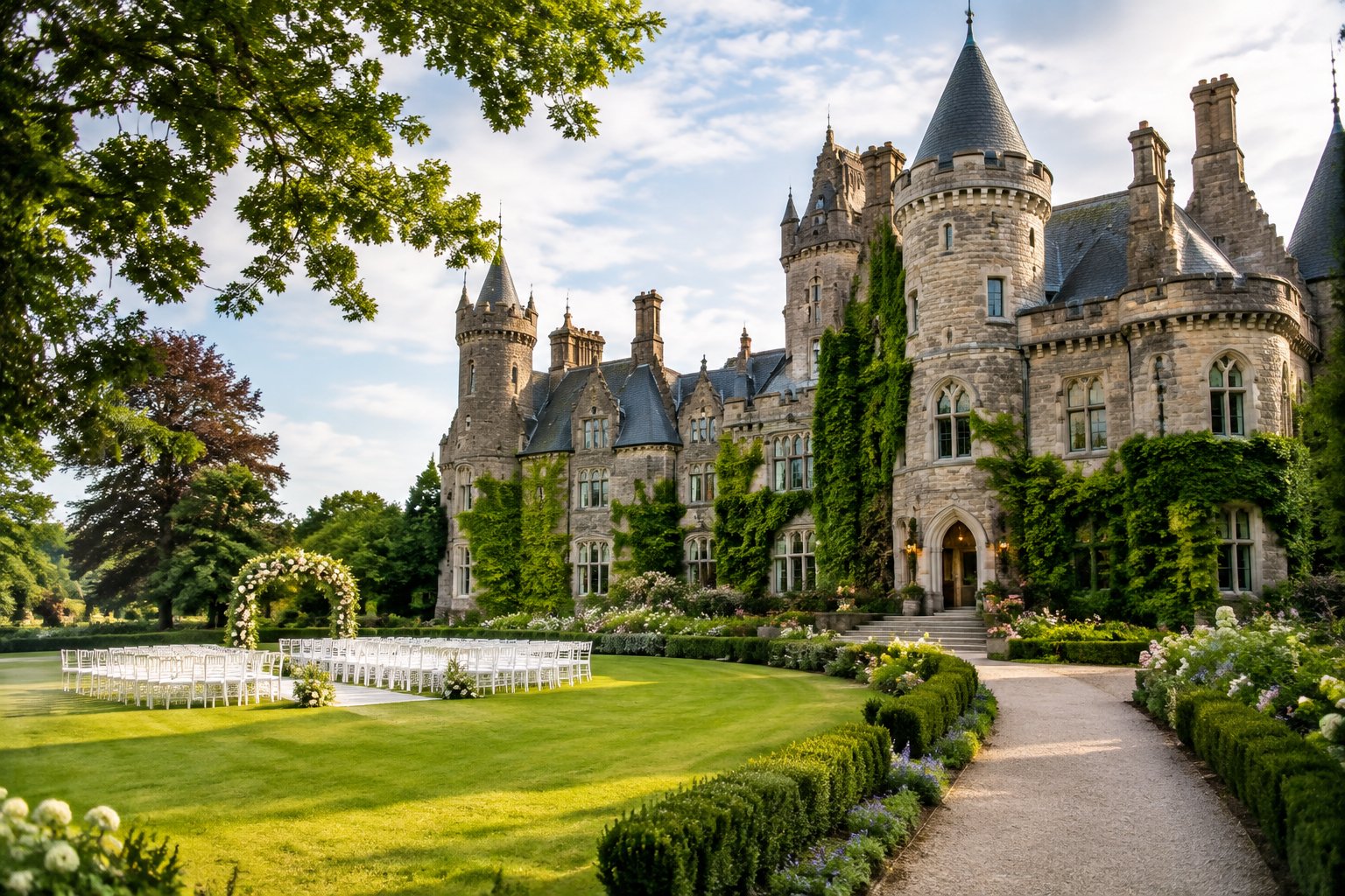 A historic stone castle wedding venue surrounded by green lawns, gardens, trees, and an outdoor ceremony setup.